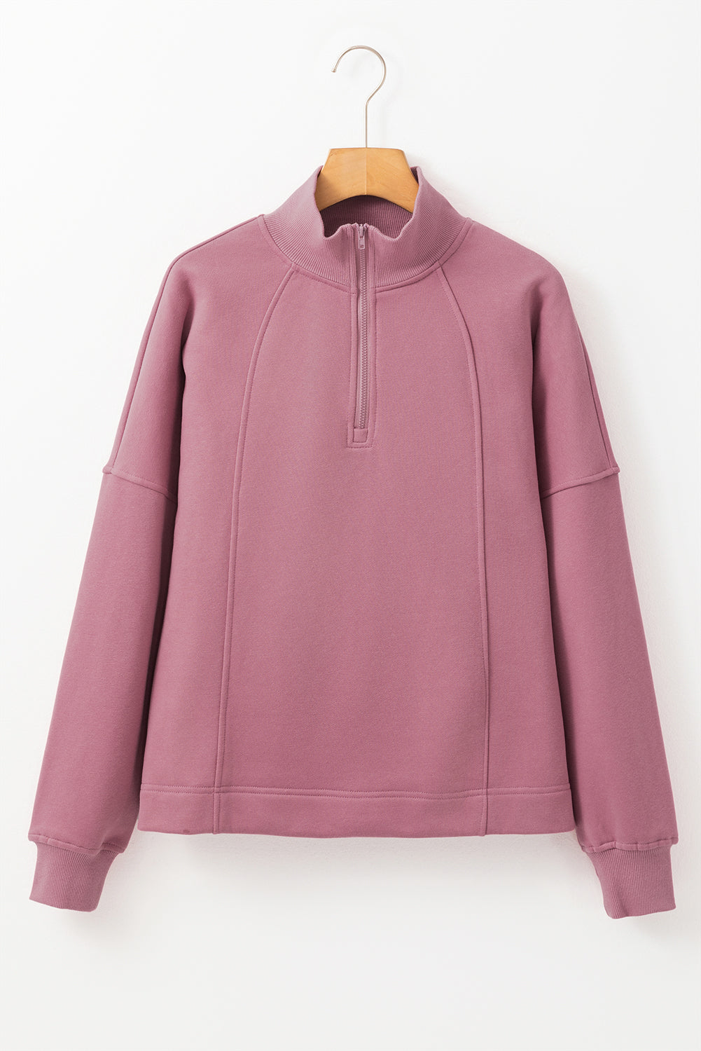 Sudadera Fucsia de Cuello Cremallera y Hombro Caído | Detallia