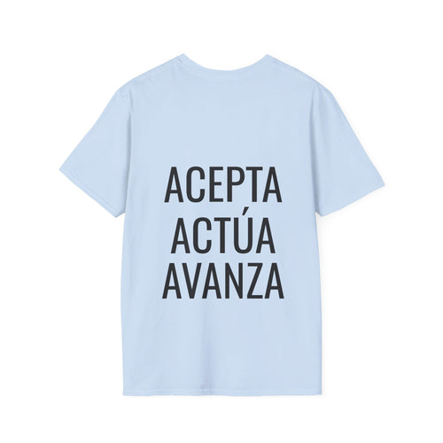 Camiseta "Acepta, Actúa, Avanza" - vista frontal del estampado