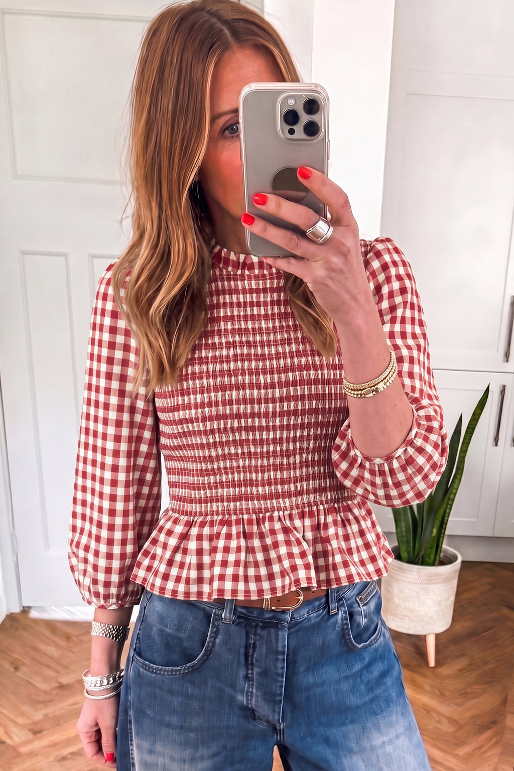 Top Peplum Marrón de Cuadros con Fruncido | Detallia