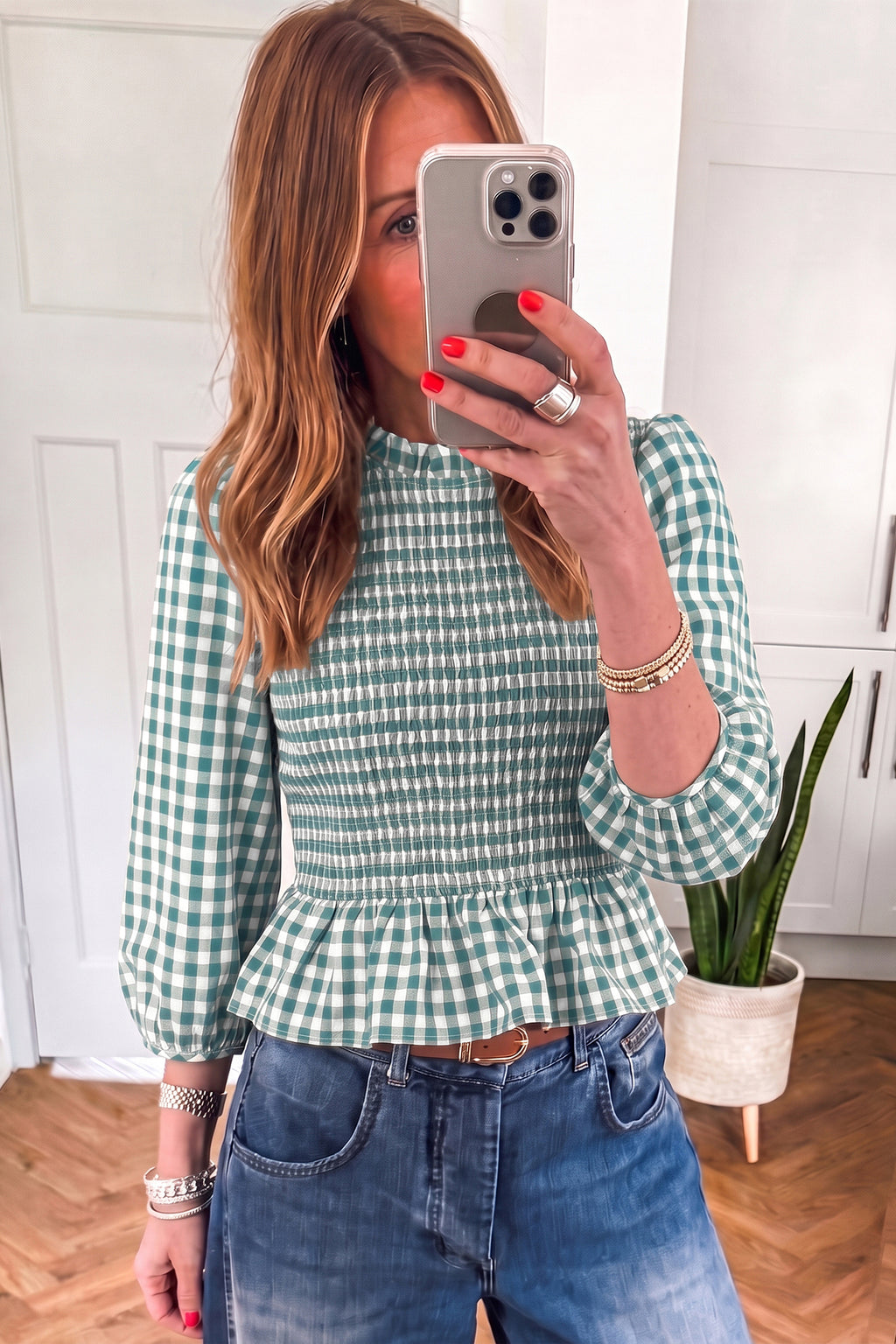 Top Peplum Marrón de Cuadros con Fruncido | Detallia