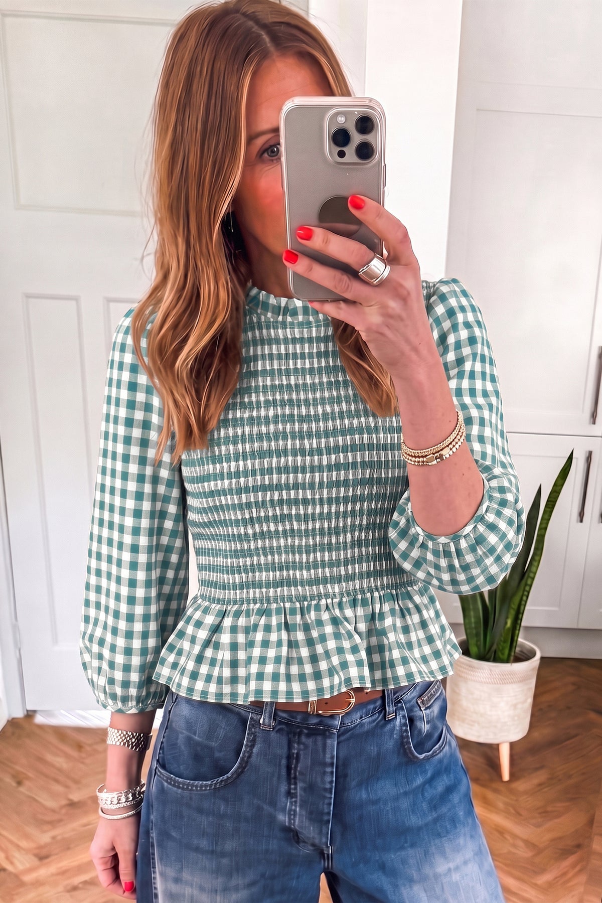 Top Peplum Marrón de Cuadros con Fruncido | Detallia