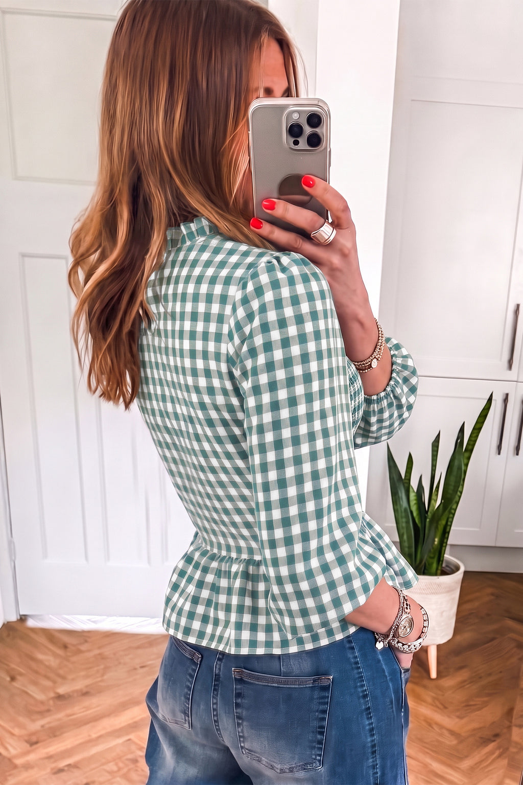 Top Peplum Marrón de Cuadros con Fruncido | Detallia