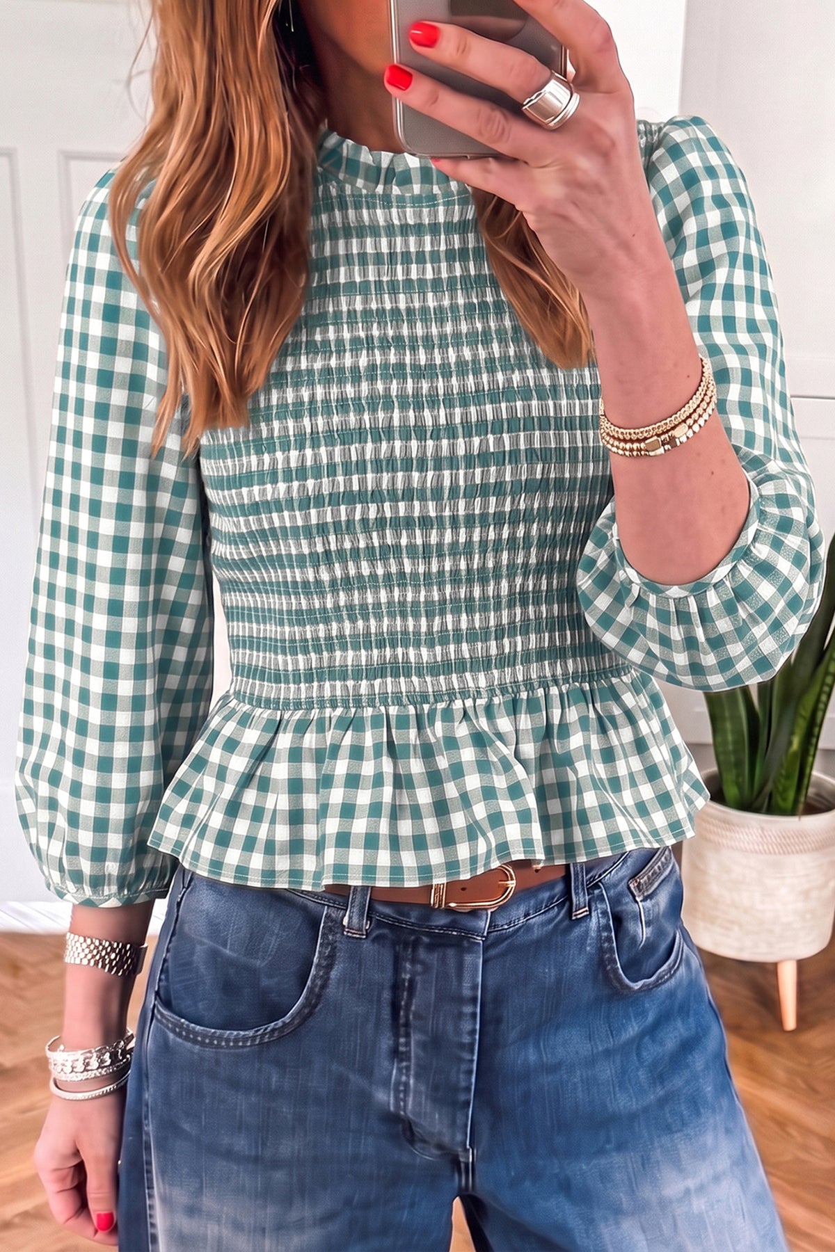 Top Peplum Marrón de Cuadros con Fruncido | Detallia