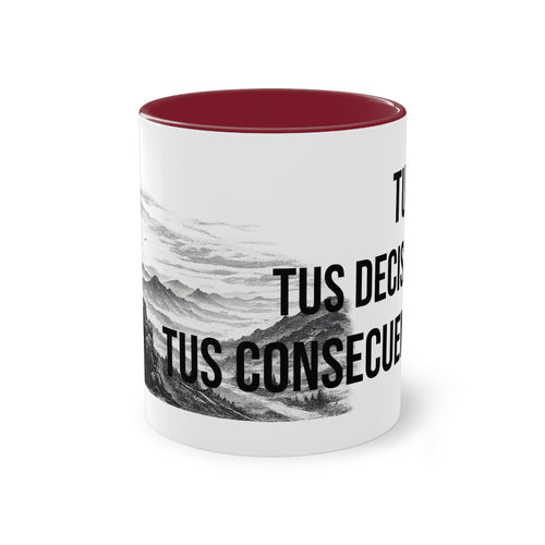 Taza "Tu Vida, Tus Decisiones, Tus Consecuencias" - detalle del asa y acabado de cerámica