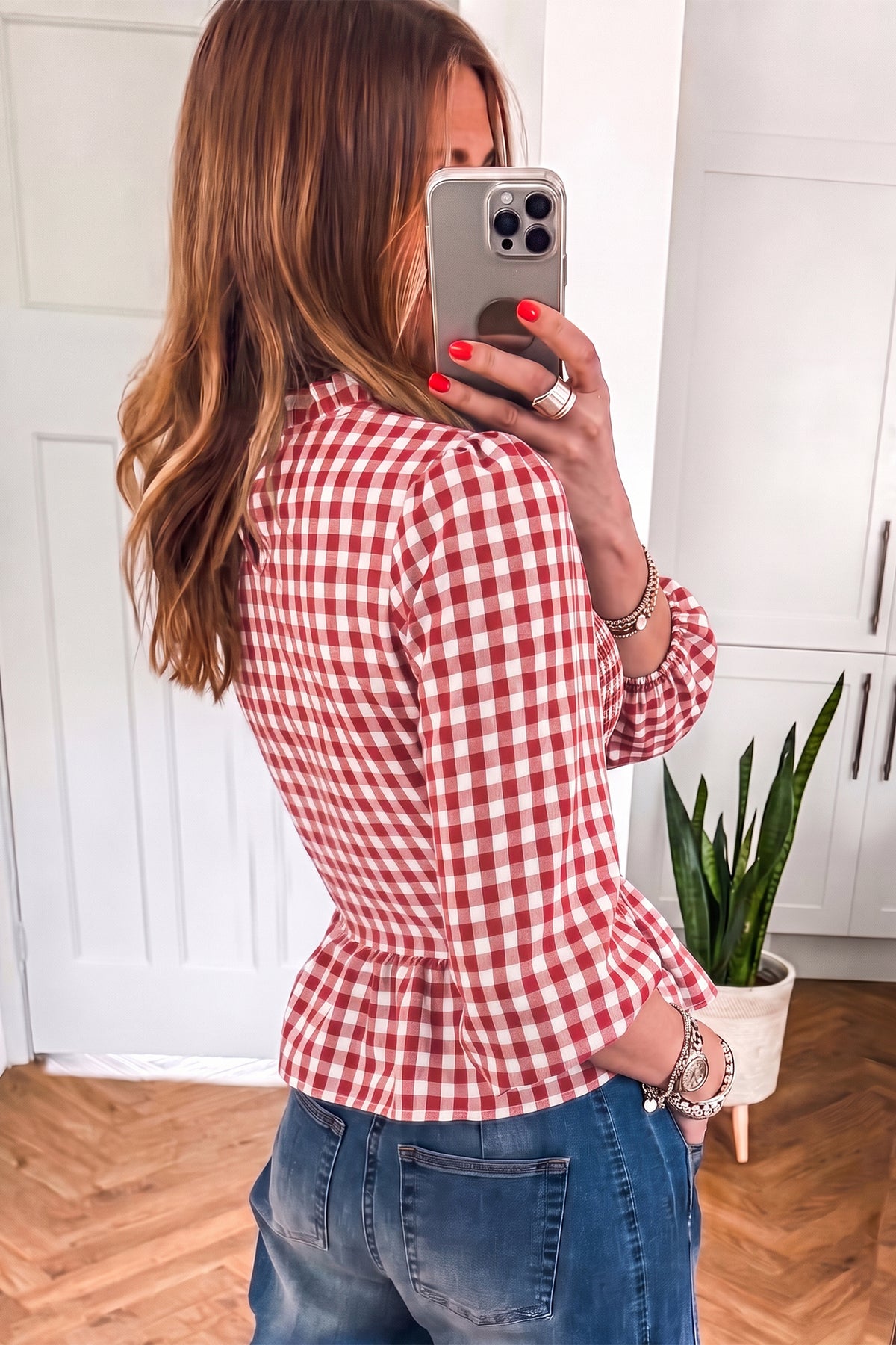 Top Peplum Marrón de Cuadros con Fruncido | Detallia