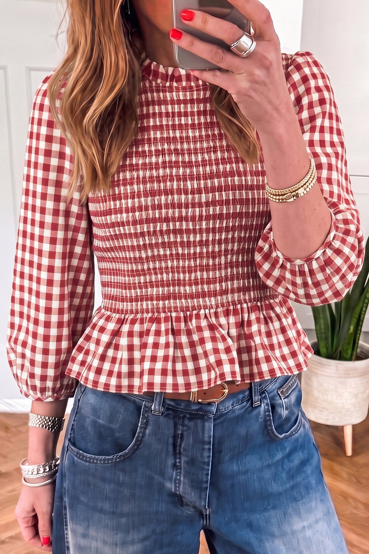 Top Peplum Marrón de Cuadros con Fruncido | Detallia
