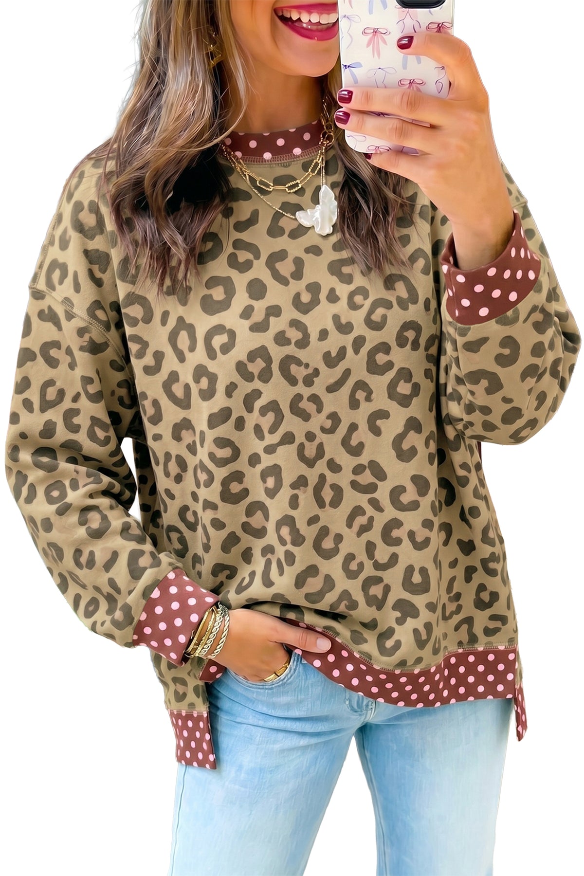 Top Caqui de Manga Larga con Estampado Leopardo y Lunares | Detallia