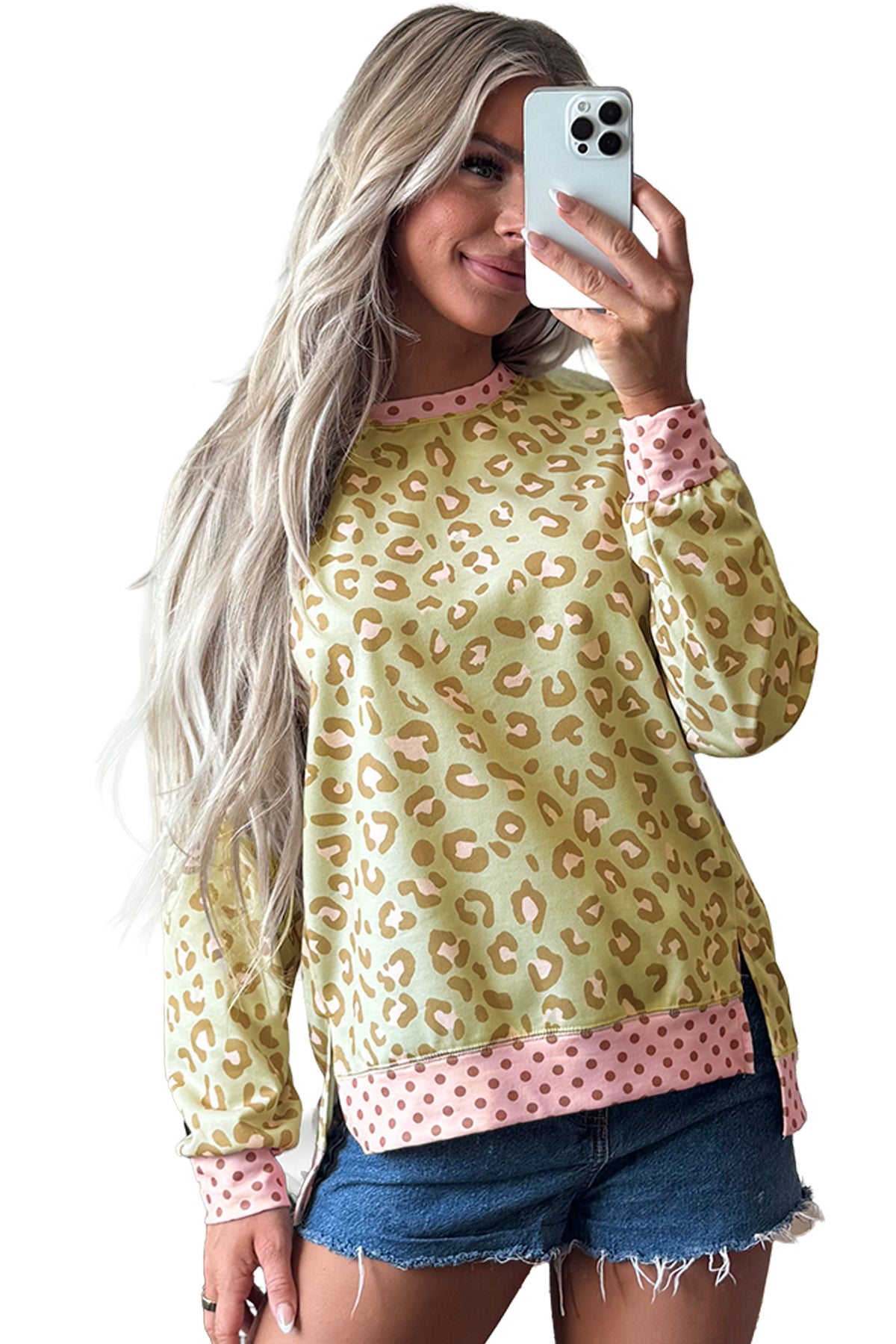 Top Caqui de Manga Larga con Estampado Leopardo y Lunares | Detallia
